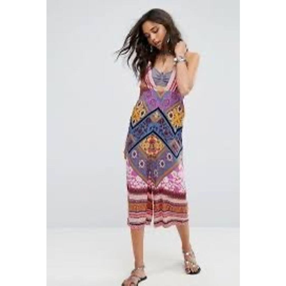 Free People Printed Wide Leg Tie Strap Jumpsuit Romper Women’s Size 6 Boho